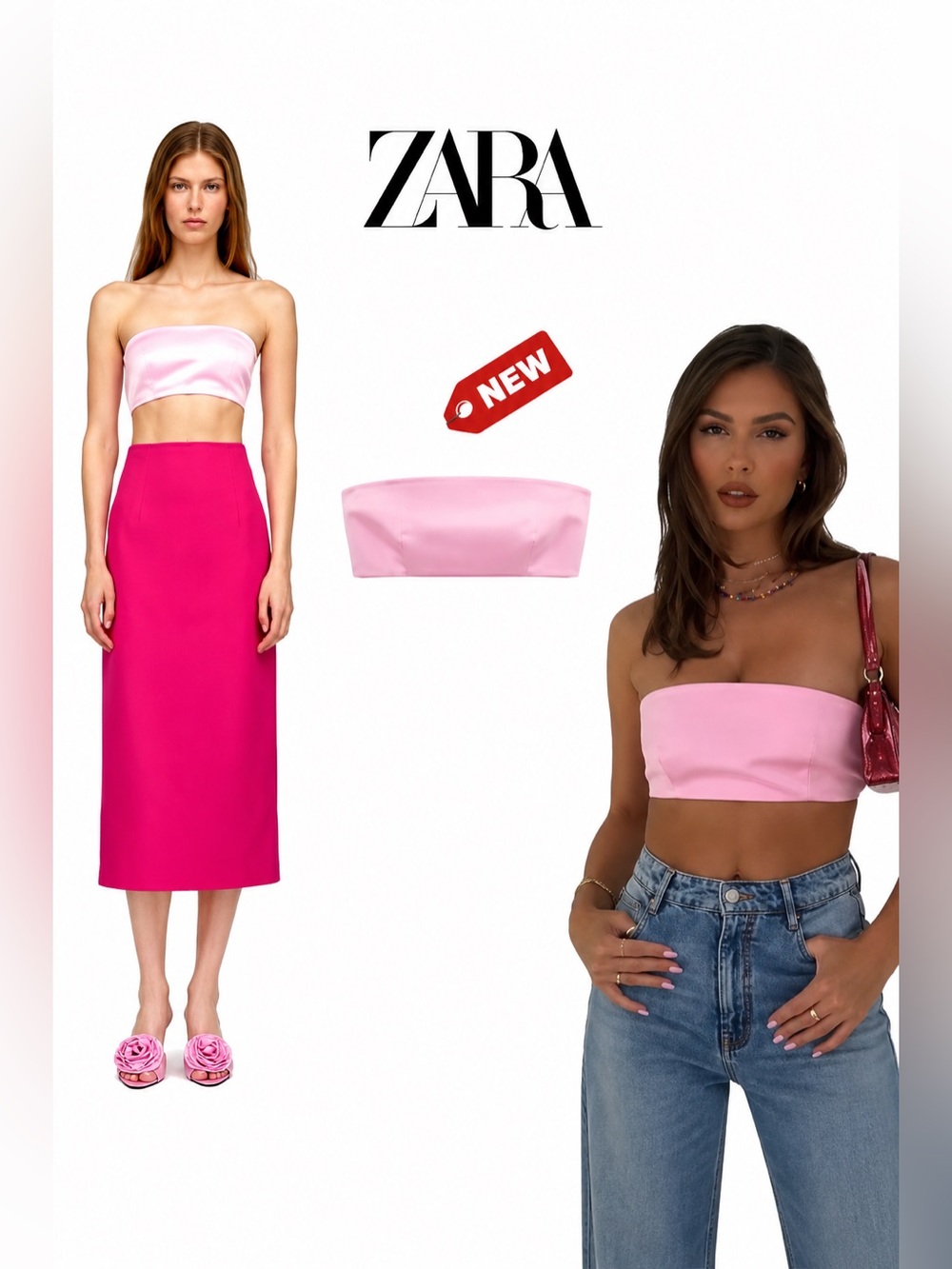 ZARA NWT Pink Satin Bandeau Tube Top Strapless Crop Top Barbiecore Size M